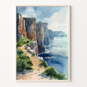 モハーの断崖の水彩画、モハーの断崖のプリント、アイルランドの壁アート、風景ポスター、室内装飾ギフト、C30-193