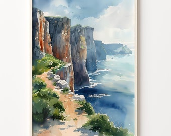 Cliffs of Moher Watercolor Painting: Ireland Landscape Art