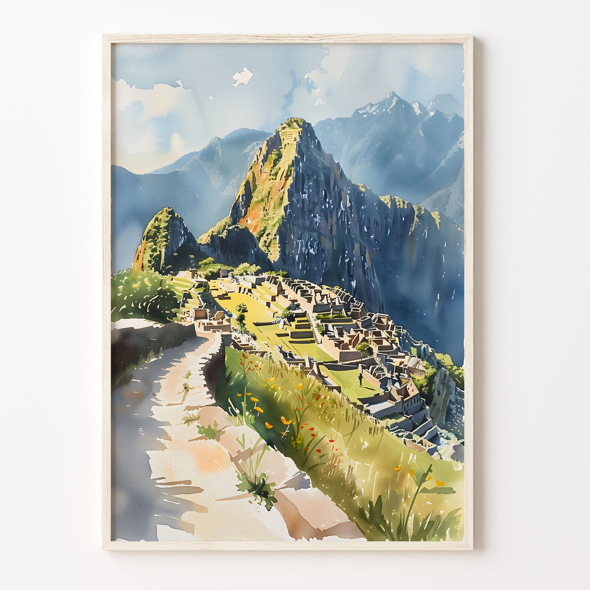 Machu Picchu Watercolor Painting, Peru Wall Art, Travel Poster, Peruvian Art, Latin American Wall Art, Maximal Decor, C30-90