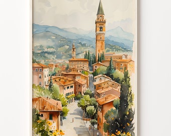 May include: Watercolor painting of a European village with a tall tower in the center. The buildings are painted in shades of yellow, orange, and brown, and the sky is a light blue. There are trees and greenery throughout the painting.
