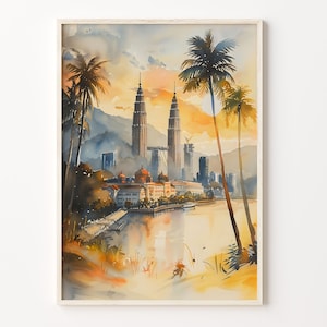 Pintura de acuarela de Kuala Lumpur, arte mural de Malasia, impresión de viaje, póster de Kuala Lumpur, texto personalizado, regalo personalizado, C30-480