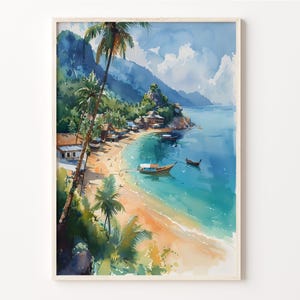 サムイ島の水彩画、タイ旅行ポスター、サムイ島のウォールアート、タイの水彩画プリント、レトロポスター、C30-682