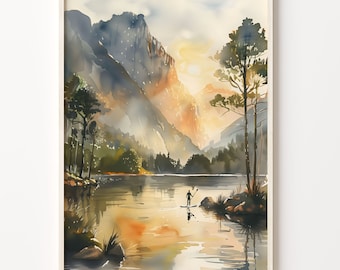 Watercolor Landscape Painting, Adventure Travel Wall Art, Wild Outdoors Poster, Extreme Sports Print, C30-378