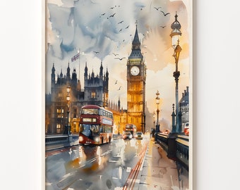 London Watercolor Painting, Big Ben Poster, United Kingdom Wall Art, Travel Print, Wedding Gift, Birthday Present, C30-46