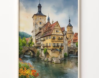 Watercolor Art Print of Bavaria, Art Deco River Town on 200 Gsm Matte Paper