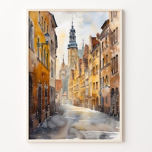 May include: A watercolor painting of a narrow street in a European city. The street is lined with tall, colorful buildings, and there is a tall church tower in the distance. The street is empty, and the sun is shining.