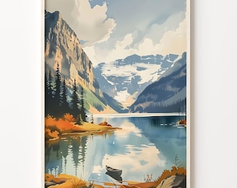 Lake Louise Watercolor Painting: Minimalist Alberta Canada Art Print