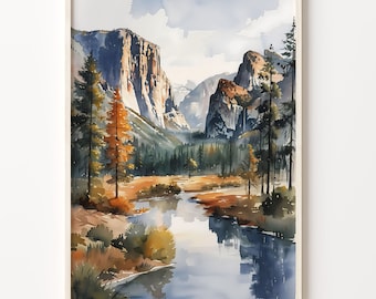 Yosemite National Park Watercolor Painting: Sierra Nevada Wall Art