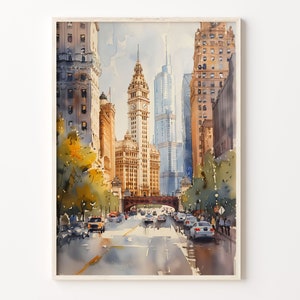 Chicago Watercolor Painting, Retro Wall Art, Illinois Travel Poster, Vintage US Cities Print, Home Decor, C30-309