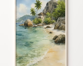 Watercolor Travel Poster of La Digue, Seychelles, Art Deco Coastal Landscape Print