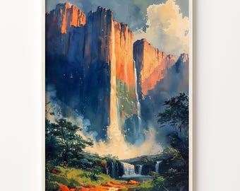 Puede incluir: Una pintura de acuarela de una gran cascada que cae por un acantilado. El acantilado es una mezcla de tonos naranja y marrón, con un cielo azul y nubes blancas en el fondo. Una exuberante vegetación verde rodea la base de la cascada.