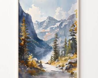 May include: A watercolor painting of a mountain landscape with a lake in the foreground. The mountains are a light blue and gray color, and the lake is a deep blue. There are trees in the foreground, and the sky is a light blue with white clouds.