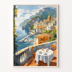 アマルフィ海岸の水彩画、アマルフィイタリアの壁アート、アマルフィ市のポスター、イタリア旅行プリント、水彩画の壁装飾、C30-883