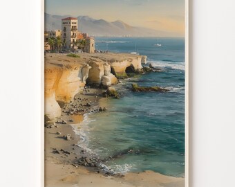 Antofagasta Chile Travel Poster, Watercolor Coastal Landscape in Art Deco Style