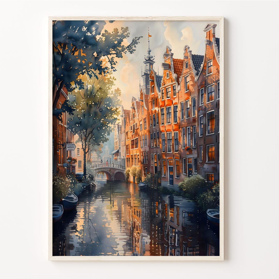 Amsterdam Canal Watercolor Painting: Netherlands Travel Art Print - Etsy