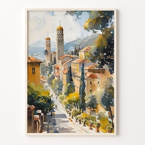 Pintura de acuarela de Pristina, arte mural de viaje a Kosovo, póster de la ciudad, impresión de Pristina, regalo de boda, regalo de cumpleaños, C30-827