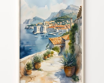Dubrovnik Croatia Watercolor Art Print: Coastal Landscape Poster