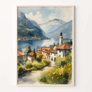 Interlaken Switzerland Watercolor Painting: Travel Wall Art