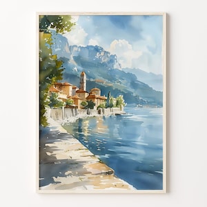 Dipinto ad acquerello del Lago di Garda, poster di viaggio in Italia, arte murale, regalo di compleanno, regalo di anniversario di matrimonio, stampa artistica, C30-264