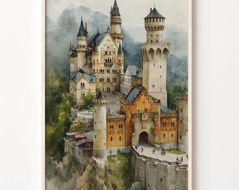 Watercolor Castle Print of Neuschwanstein Germany Art Deco Poster