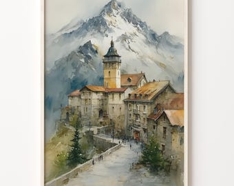 Watercolor Print of Zugspitze, Germany, Art Deco Alpine Village Poster