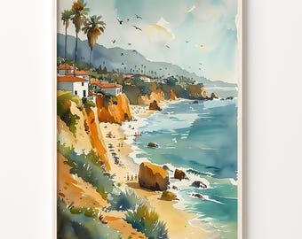 Laguna Beach Watercolor Painting: Coastal Travel Wall Art