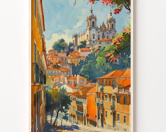 Lisbon Portugal Watercolor Painting: Travel Poster Art