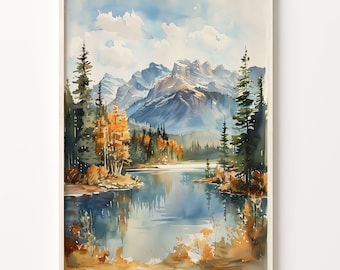 May include: A watercolor painting of a mountain lake scene with a reflection of the mountains in the water. The lake is surrounded by trees and mountains in the background. The sky is blue with white clouds.