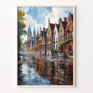 Pintura de acuarela de Brujas, arte mural de Brujas, decoración de pared de Bélgica, póster de Brujas, impresión de viaje, regalo de decoración del hogar, C30-617