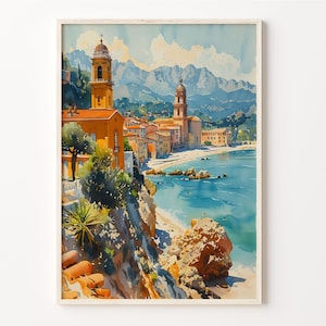 Menton Watercolor Painting, Menton Print, France Wall Art, Menton Poster, Côte d&#39;Azur Wall Art, French Riviera Painting, C30-745