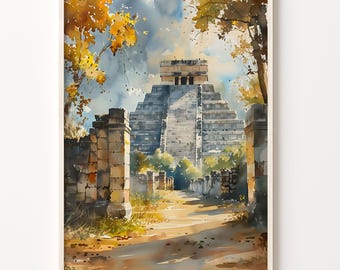 Chichén Itzá Watercolor Painting: Mexico Travel Poster