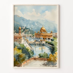 Puede incluir: Una pintura de acuarela de un templo dorado con una piscina reflectante en frente. El templo está rodeado de árboles y montañas en el fondo.