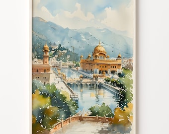 Amritsar Watercolor Painting, India Travel Poster, Golden Temple Wall Art, Punjab Print, Wedding Gift, C30-390