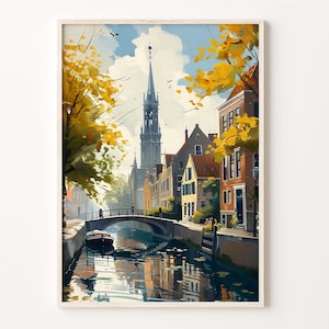 Acuarela de Delft, Arte mural de Delft, Lámina artística de Delft, Póster de los Países Bajos, Decoración del hogar, Regalo de Delft, Lámina mural, C30-839
