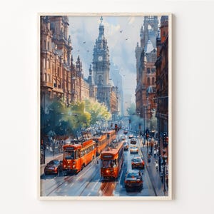 May include: A watercolor painting of a city street scene with red double-decker trams and cars driving down the street. The buildings are tall and ornate, with a clock tower in the background.