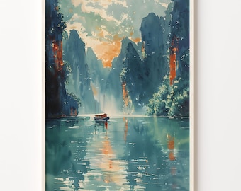 Ha Long Bay Watercolor Painting, Vietnam Sunset Wall Art, Hanoi Poster, Travel Print, Wedding Gift, Personalised Art, C30-582
