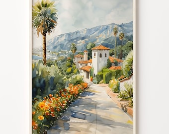 Santa Barbara Watercolor Painting: Mid-Century Modern California Landscape Print