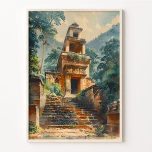 Guatemala Watercolor Painting, Tikal Maya Jaguar Poster, Vintage Travel Print, Wall Art, Home & Living Decor, C30-646