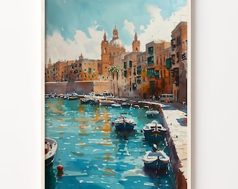 Malta Watercolor Painting: Valletta Harbor Art Print