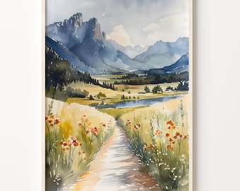 Montana Landscape Watercolor Painting: Traditional Wall Art Print