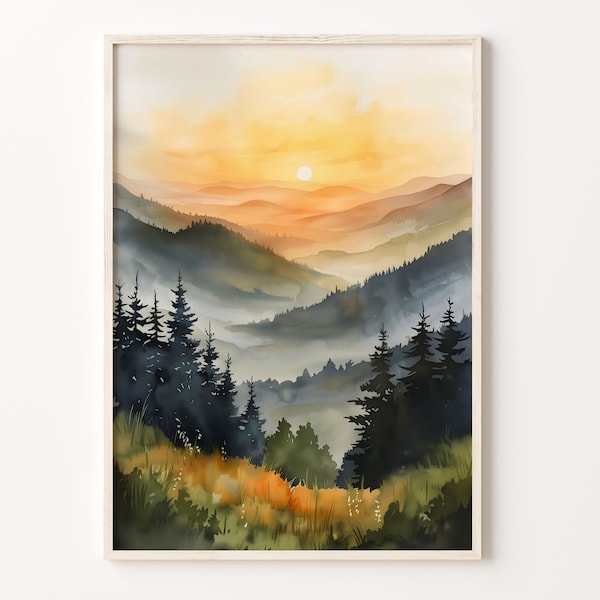 Watercolor Painting of Great Smoky Mountains, National Park Wall Art, Smoky Mountains Poster Print, Nature Art Decor, C30-166
