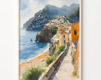 May include: Watercolor painting of a coastal town with colorful buildings on a cliff overlooking a blue ocean. The painting features a winding path leading up to the town, with lush green foliage and a sandy beach in the foreground.
