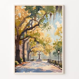 Savannah aquarel schilderij, kunst aan de muur Forsyth Park, moderne landschapsposter uit het midden van de eeuw, Savannah Georgia print, C30-795