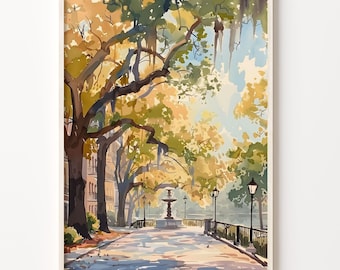 May include: A watercolor painting of a street scene with a fountain in the center. The street is lined with trees with green leaves and hanging moss. The trees are casting shadows on the street. There are streetlights on either side of the street.