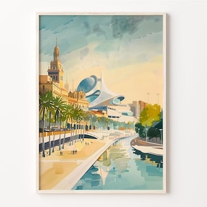 Valencia aquarel, Spanje muurkunst, reisposter, Valencia print, Europa schilderij, housewarming cadeau, C30-896
