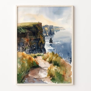 Pintura de acuarela de los acantilados de Moher, póster de viaje a Irlanda, arte mural, regalo de cumpleaños, regalo de aniversario de bodas, C30-99