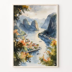 Pintura de acuarela de Vietnam, arte mural de la bahía de Ha Long, impresión de Vietnam, póster de viaje, decoración de pared de Vietnam, C30-201