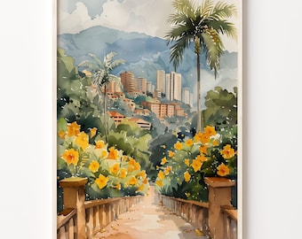 Medellín Watercolor Painting, Colombia Travel Wall Art, City Poster, Medellín Print, Wedding Gift, Birthday Present, C30-776