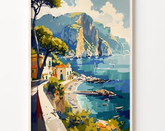 Capri Italy Watercolor Painting: Coastal Wall Art Print