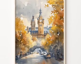 Nottingham Watercolor Painting: UK Travel Wall Art